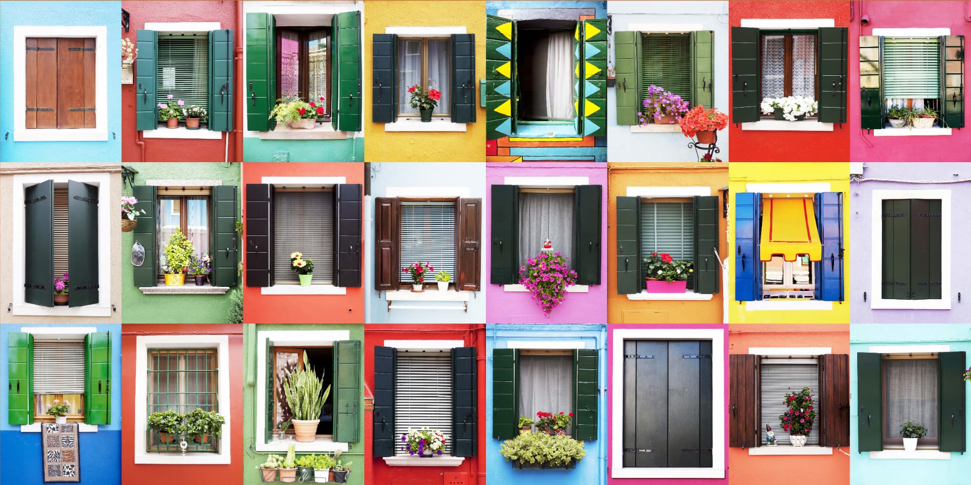 Grid of colourful house windows with shutters and flower pots