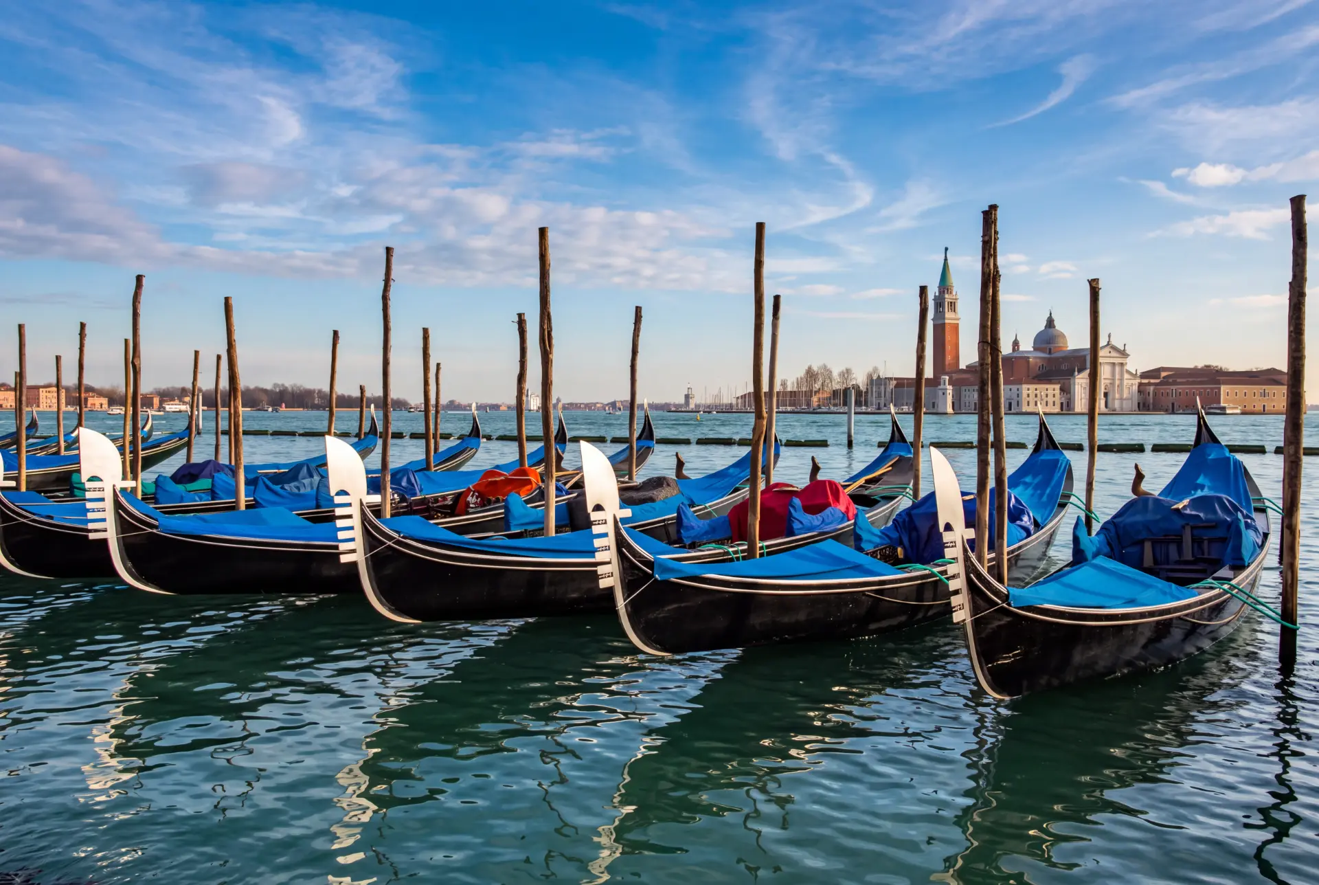 Moored gondolas in Venice with San Giorgio Maggiore in the background