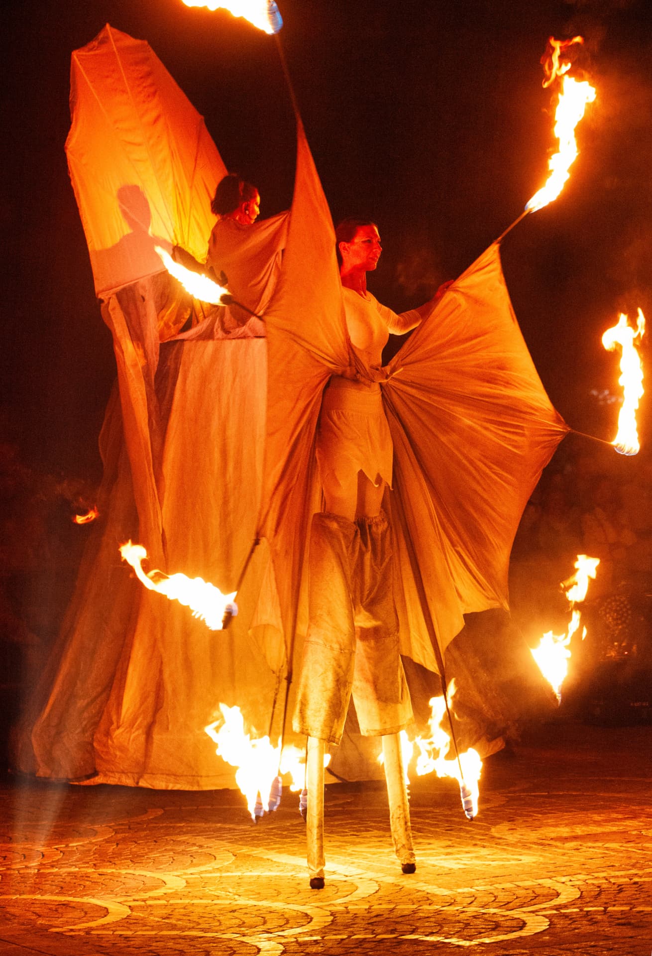 Performers on stilts with large cloth wings and burning torches at night