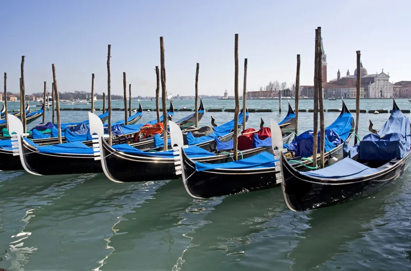 Moored gondolas in Venice with San Giorgio Maggiore in the background