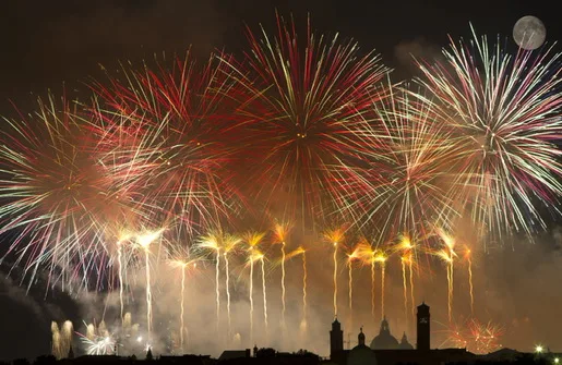 Fireworks over the Venice skyline during the Festa del Redentore
