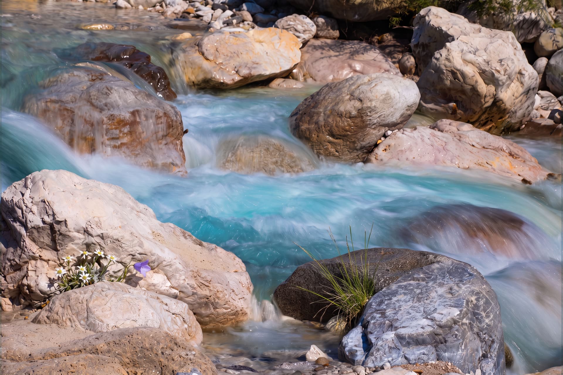 Long-exposure view of turquoise stream water flowing smoothly over pale rocks, with small wildflowers in the foreground