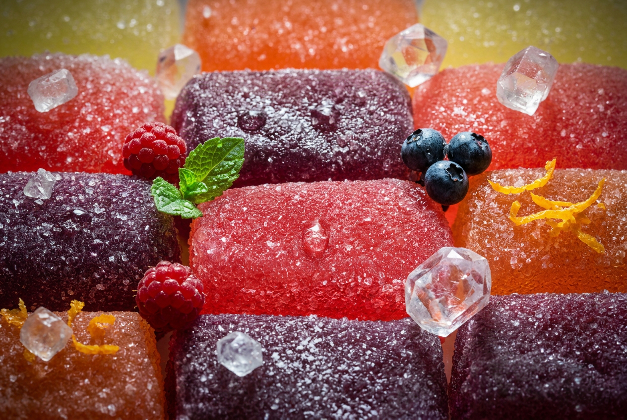 Close-up of red, purple and orange sugar-coated jelly candies with raspberries, blueberries, mint and sugar crystals